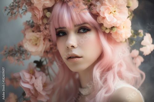 Ethereal beauty of a woman with cascading pastel pink hair and delicate floral adornments  generative ai