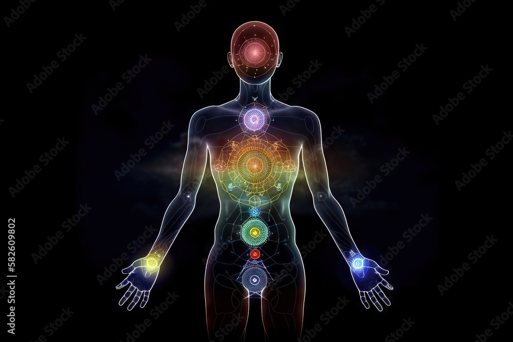 Human Body with Full Chakra Activation, Caused by Enlightment with Yoga Meditation, but also connected to AI in Astral Plane, generative ai Human Body with Full Chakra Activation, Caused by Enlightment with Yoga Meditation, but also connected to AI in Astral Plane, generative ai
