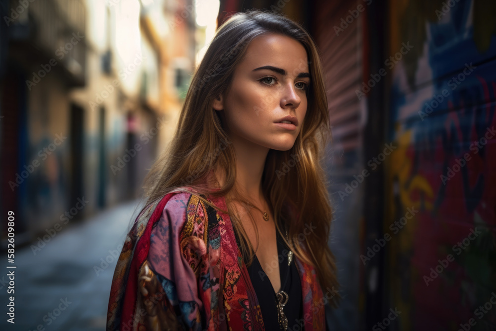 Fascinating woman in an artistic alleyway, with a bohemian outfit and an enigmatic expression, evoking creativity and mystery, generative ai Fascinating woman in an artistic alleyway, with a bohemian outfit and an enigmatic expression, evoking creativity and mystery, generative ai