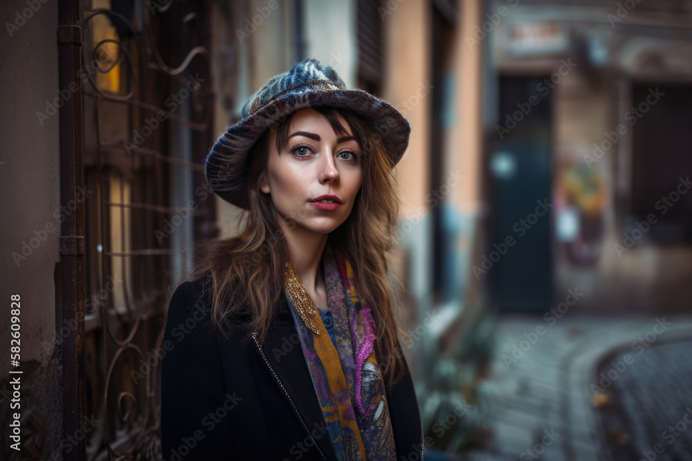 Fascinating woman in an artistic alleyway, with a bohemian outfit and an enigmatic expression, evoking creativity and mystery, generative ai Fascinating woman in an artistic alleyway, with a bohemian outfit and an enigmatic expression, evoking creativity and mystery, generative ai