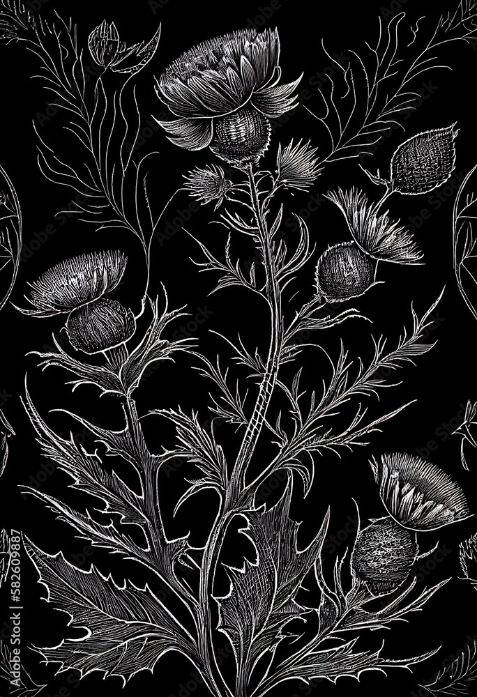black and white seamless pattern of thistle plant on black background ...