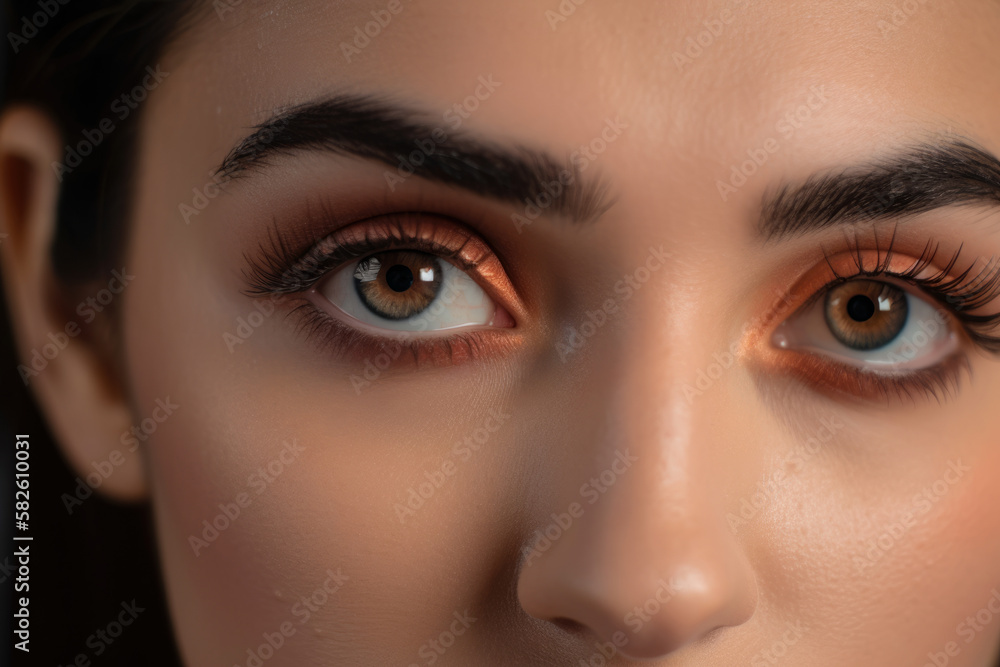 Gentle close-up of a woman's brown eyes with warm brown eye shadow and peach blush, generative ai Gentle close-up of a woman's brown eyes with warm brown eye shadow and peach blush, generative ai
