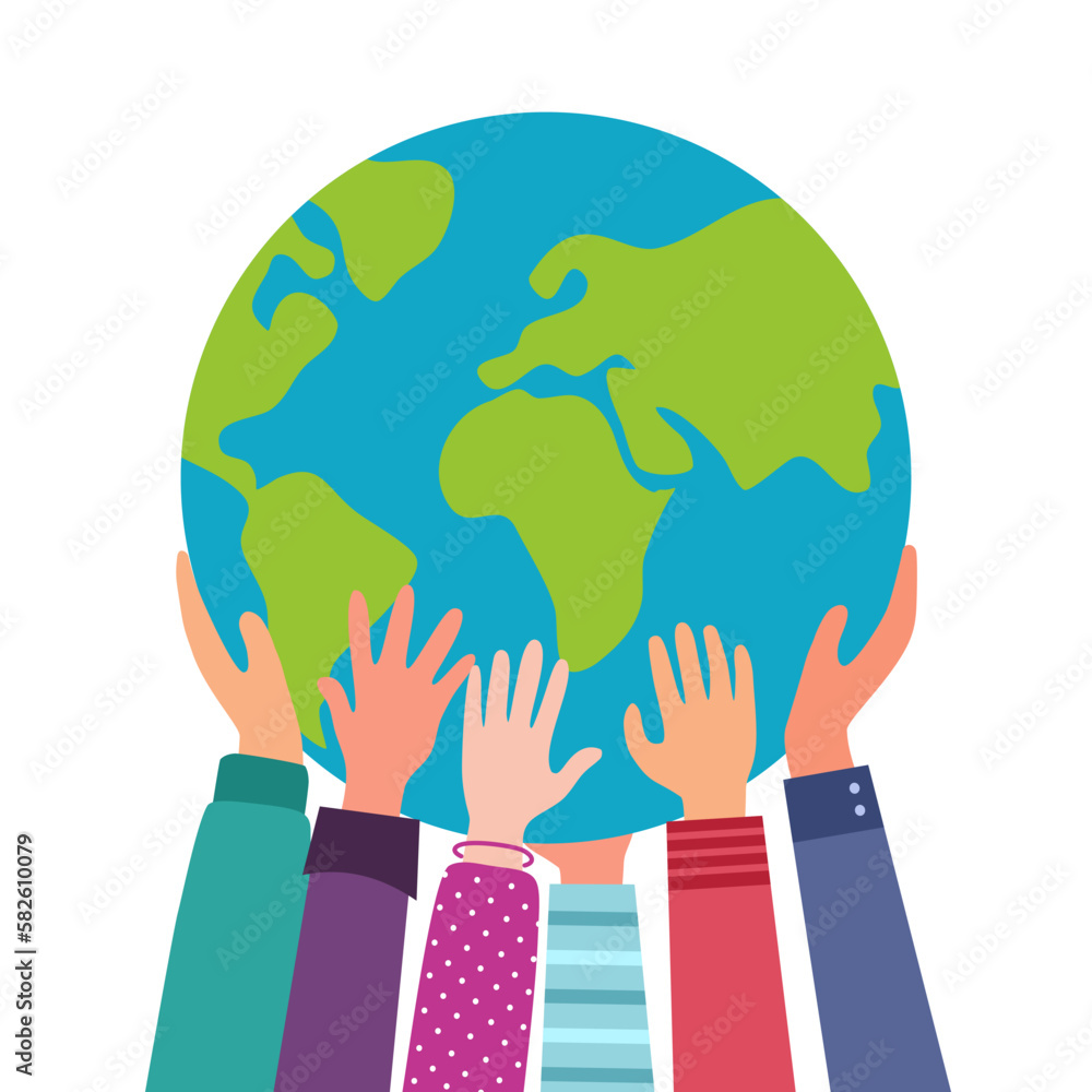 People hands holding earth planet in flat design on white background ...