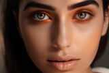 Gentle close-up of a woman's brown eyes with warm brown eye shadow and peach blush, generative ai