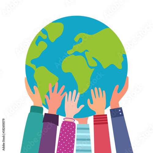 People hands holding earth planet in flat design on white background.