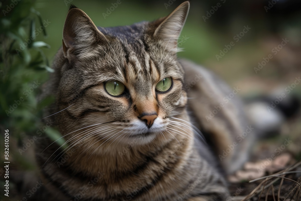 A mature tabby cat is seen outside in a grassy yard. Generative AI