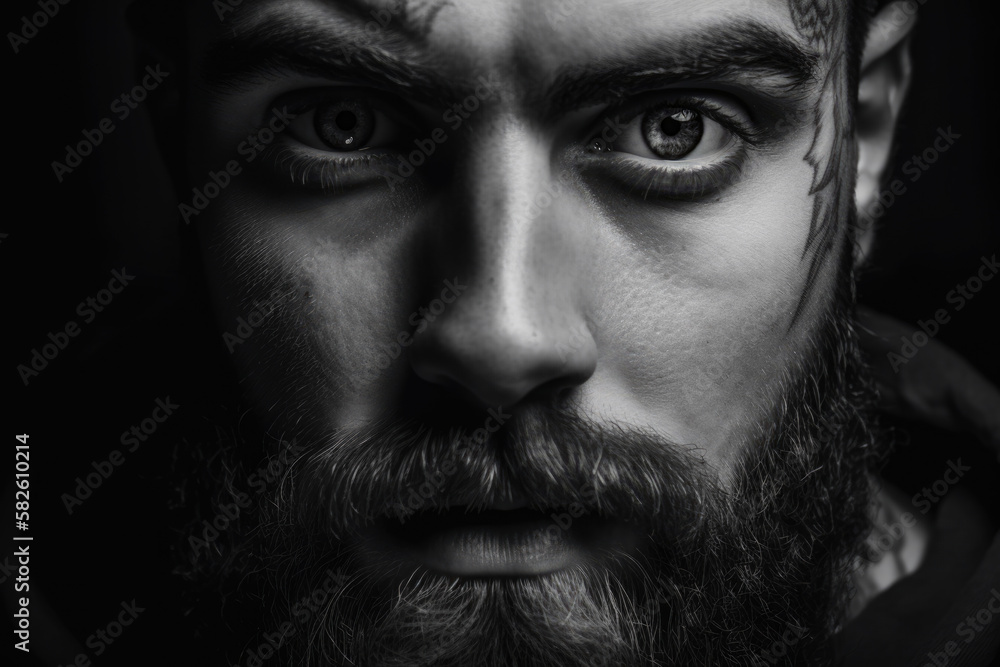 Intense and mysterious portrait of a bearded man with piercing eyes in black and white, generative ai Intense and mysterious portrait of a bearded man with piercing eyes in black and white, generative ai