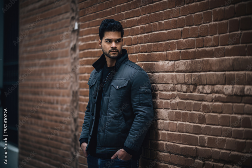 Intense Man Standing in Front of a Rough Brick Wall, generative ai Intense Man Standing in Front of a Rough Brick Wall, generative ai