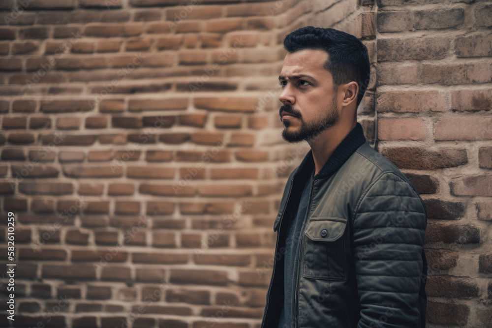 Intense Man Standing in Front of a Rough Brick Wall, generative ai Intense Man Standing in Front of a Rough Brick Wall, generative ai