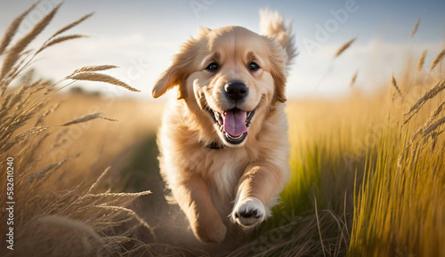 Cute puppy running in nature on grass ,generative AI