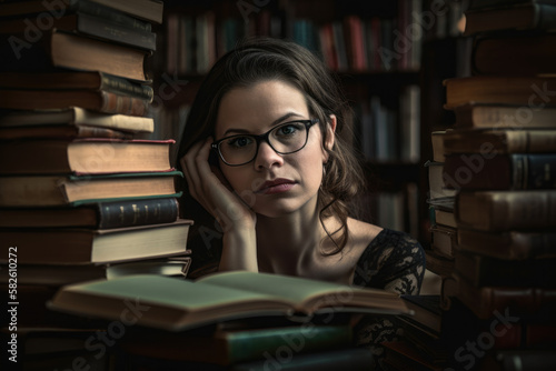 Introverted and bookish portrait of a woman with glasses, surrounded by books and lost in thought, generative ai
