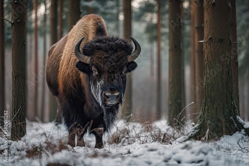 The Knyszyn Forest is home to a European bison called Bison bonasus (Poland). Generative AI © AkuAku