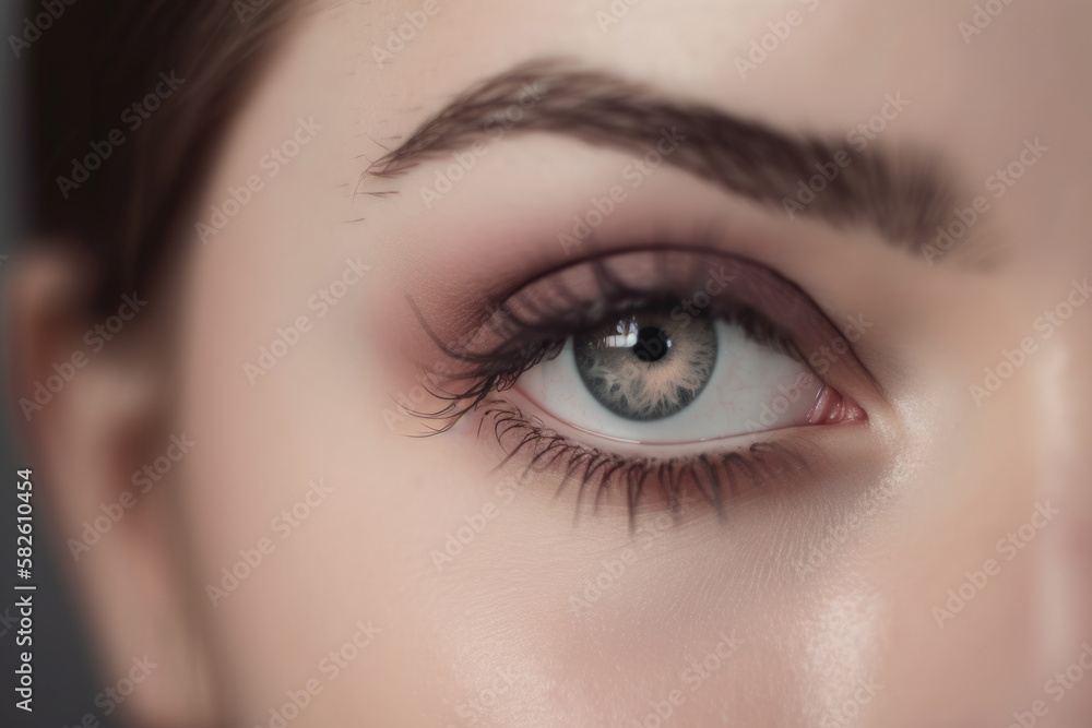 Obraz premium Lovely close-up of a woman's gray eyes with soft gray eye shadow and mauve blush, generative ai