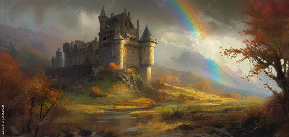Fantasy fairytale castle on a rocky hill with fortified walls, towering high above imaginary Scottish highlands, breathtaking mountain landscape with sunset rainbow after thunderstorm - generative AI.