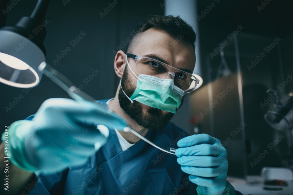 Male dentist in scrubs, holding a dental drill and preparing for a tooth restoration procedure, generative ai Male dentist in scrubs, holding a dental drill and preparing for a tooth restoration procedure, generative ai