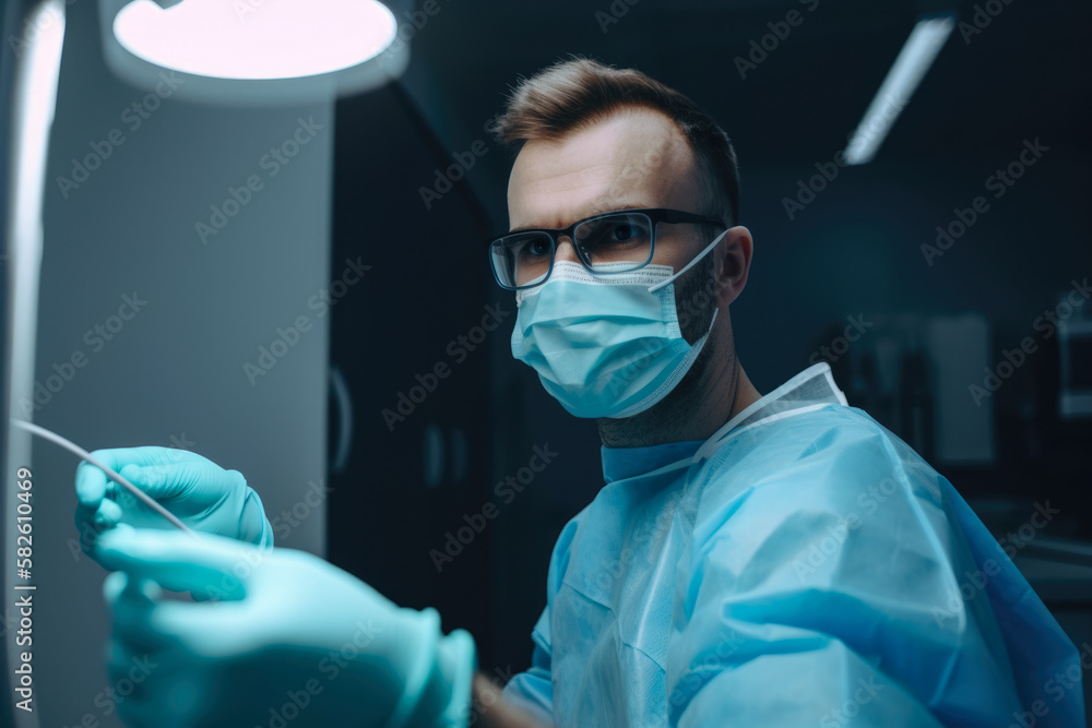 Male dentist in scrubs, holding a dental drill and preparing for a tooth restoration procedure, generative ai Male dentist in scrubs, holding a dental drill and preparing for a tooth restoration procedure, generative ai