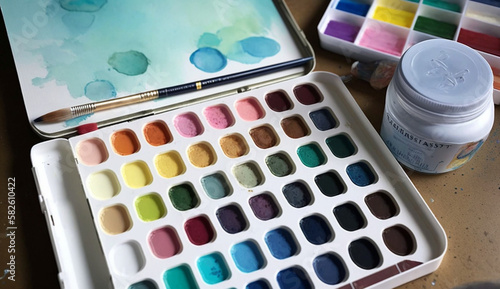 Multicolored watercolor paints on palette with paintbrush ,generative AI