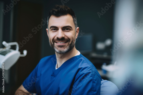Male dentist in scrubs, holding a dental drill and preparing for a tooth restoration procedure, generative ai