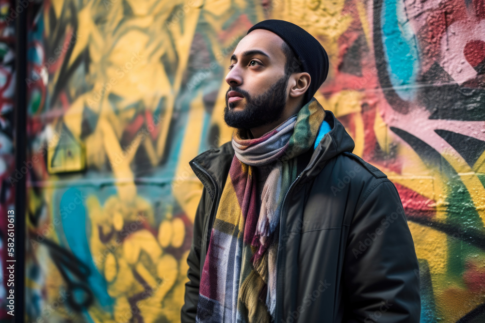 man wearing a scarf standing in front of a graffiti-covered wall with a thoughtful expression, generative ai man wearing a scarf standing in front of a graffiti-covered wall with a thoughtful expression, generative ai