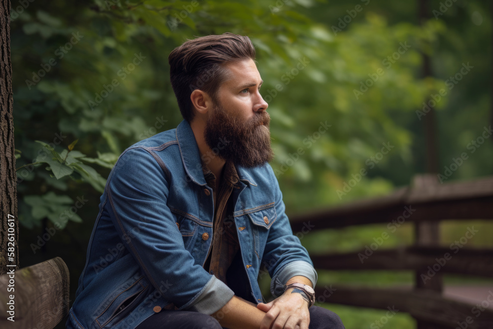 man with a rugged beard and a denim jacket standing in a city street with a blurred background of people and buildings, generative ai man with a rugged beard and a denim jacket standing in a city street with a blurred background of people and buildings, generative ai