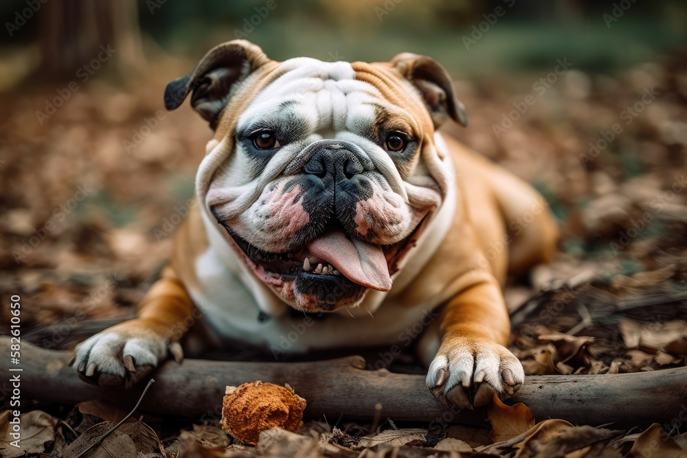 Outside, an English bulldog eats, chews, and enjoys his meat bone. Generative AI