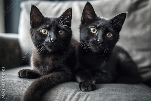 two black kittens strolling in front of a window on the back of a gray couch. Generative AI