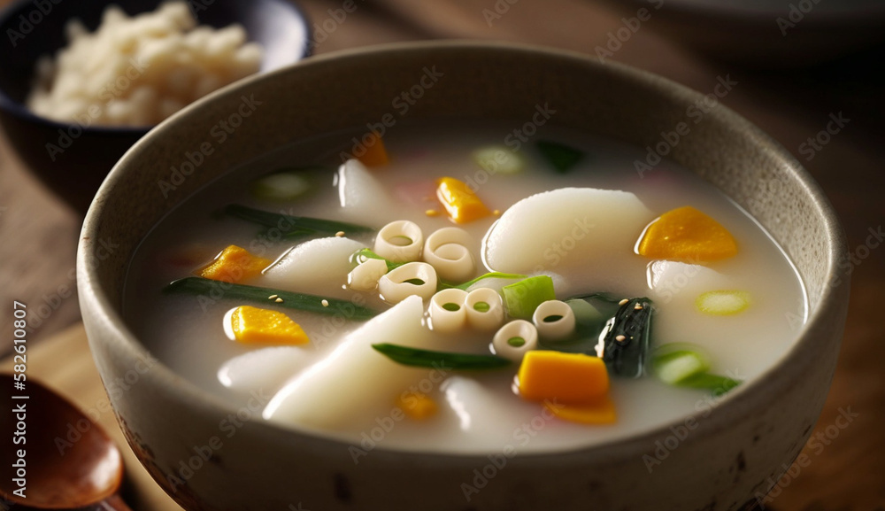 Fresh vegetable soup served in rustic wooden bowl ,generative AI Fresh vegetable soup served in rustic wooden bowl ,generative AI