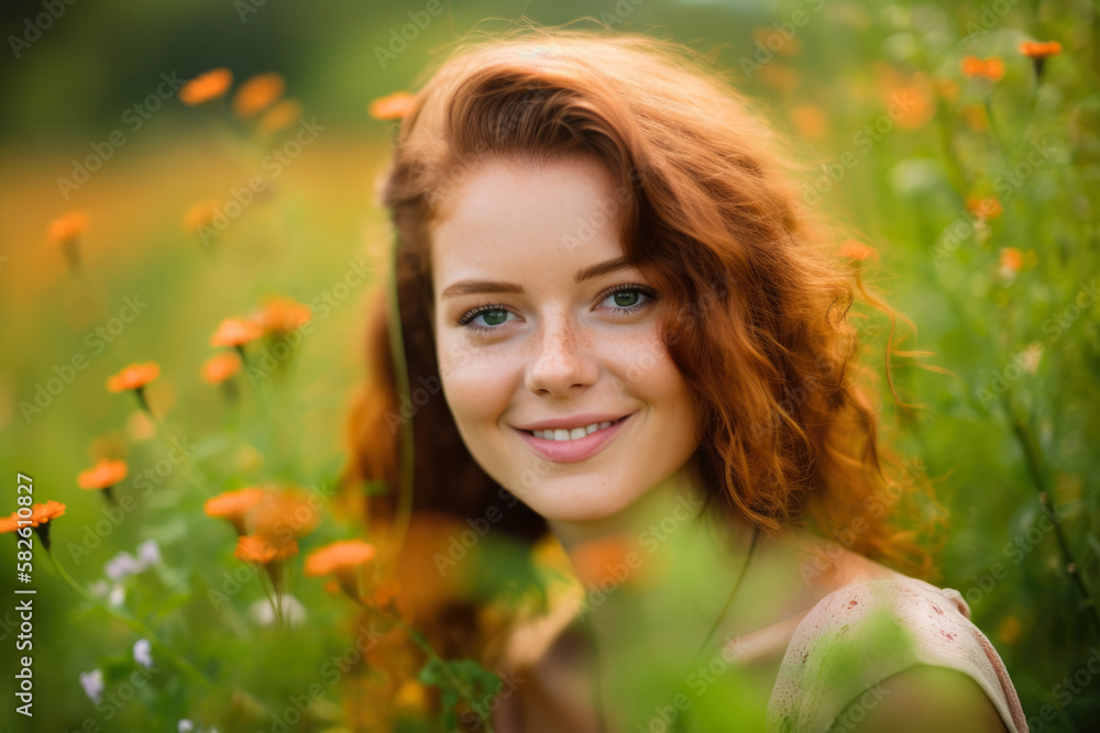 Mesmerizing Woman with piercing green eyes and a whimsical smile posing in a field of wildflowers, generative ai Mesmerizing Woman with piercing green eyes and a whimsical smile posing in a field of wildflowers, generative ai