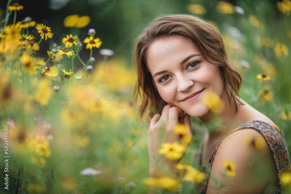 Mesmerizing Woman with piercing green eyes and a whimsical smile posing in a field of wildflowers, generative ai Mesmerizing Woman with piercing green eyes and a whimsical smile posing in a field of wildflowers, generative ai