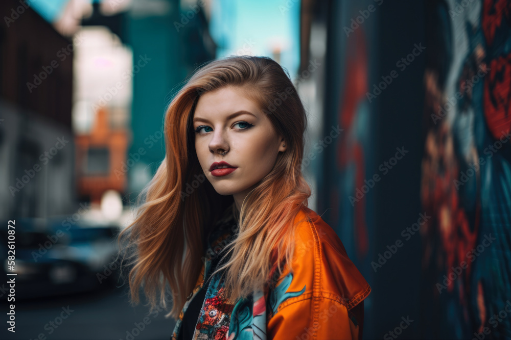 Modern and edgy street-style portrait of a woman in a vibrant city, generative ai Modern and edgy street-style portrait of a woman in a vibrant city, generative ai