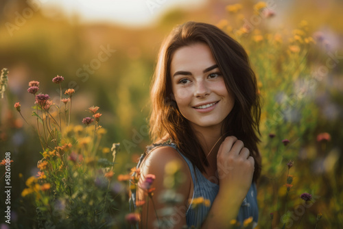 Mesmerizing Woman with piercing green eyes and a whimsical smile posing in a field of wildflowers  generative ai