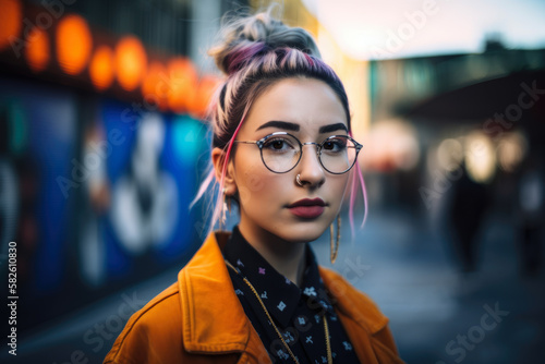Modern and edgy street-style portrait of a woman in a vibrant city, generative ai photo