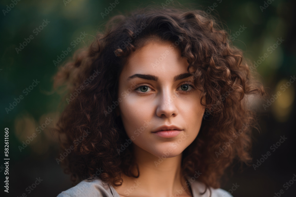 Natural portrait of a woman in her 20s with curly hair, wearing a loose-fitting t-shirt and minimal makeup, generative ai