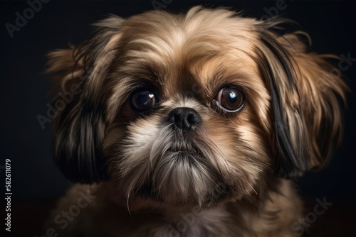 Shichi, a cute tiny dog that is a hybrid between the Shih Tzu and the Chihuahua breeds, is looking at the camera. Generative AI