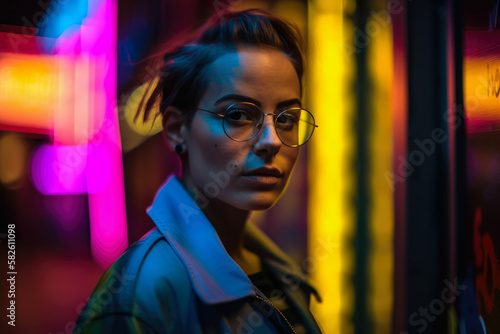 Neon Portrait of a Woman in a Bold and Colorful Urban Setting, generative ai
