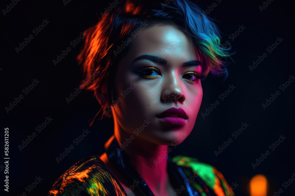 Neon-Infused Portrait of a Femme Fatale Against a Dark Background, generative ai Neon-Infused Portrait of a Femme Fatale Against a Dark Background, generative ai