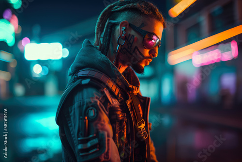 Murais de parede Neon-lit mercenary with a tough and gritty expression, set against a dark and mo