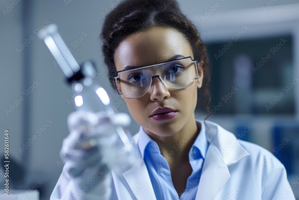 Portrait of a female doctor in a lab coat and goggles, holding a pipette and observing a test tube with a concentrated expression, generative ai Portrait of a female doctor in a lab coat and goggles, holding a pipette and observing a test tube with a concentrated expression, generative ai