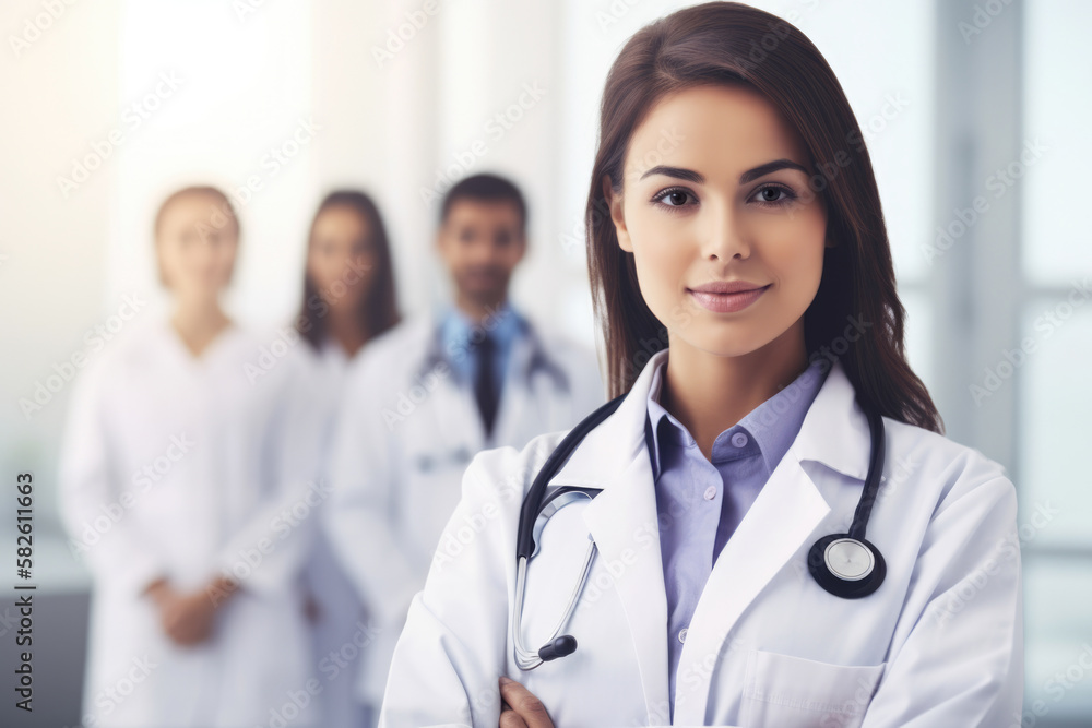 Portrait of a female doctor in her white coat with a stethoscope around her neck, standing in front of a medical team, generative ai Portrait of a female doctor in her white coat with a stethoscope around her neck, standing in front of a medical team, generative ai