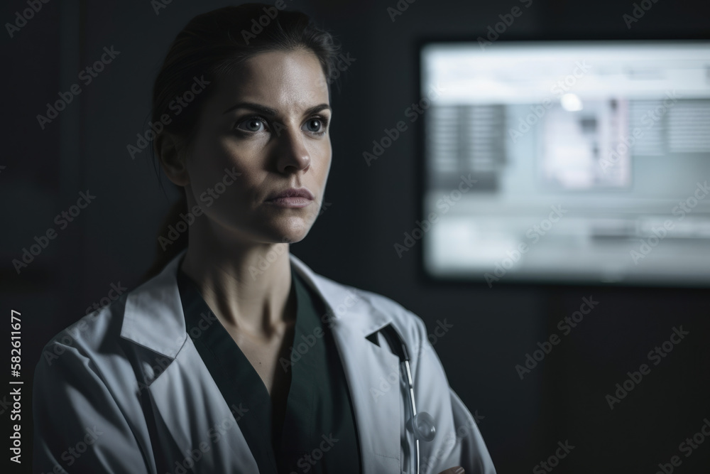 Portrait of a female doctor with a thoughtful expression, looking at an x-ray film with a lightbox in the background, generative ai Portrait of a female doctor with a thoughtful expression, looking at an x-ray film with a lightbox in the background, generative ai
