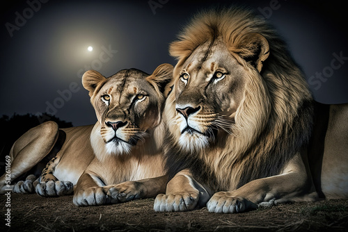 portrait of a couple of two lions at moon night