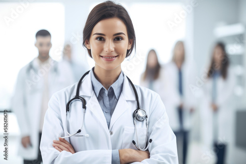 Portrait of a female doctor in her white coat with a stethoscope around her neck, standing in front of a medical team, generative ai