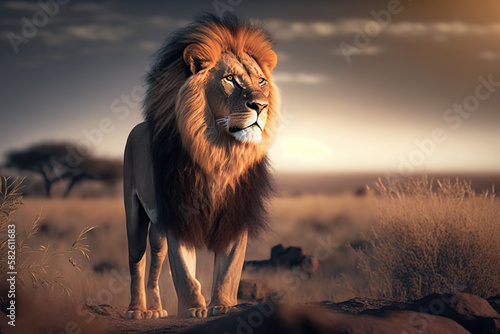 portrait of a lion at sunset