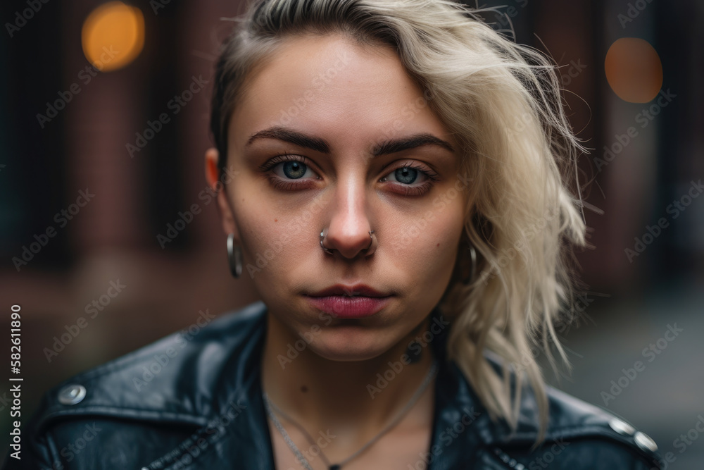 portrait of a woman with a nose piercing and a leather jacket looking directly at the camera, generative ai portrait of a woman with a nose piercing and a leather jacket looking directly at the camera, generative ai