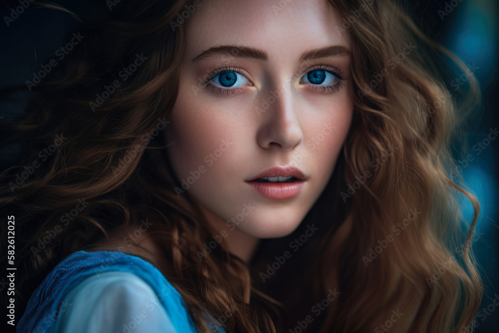 Radiant and Ethereal Woman with Flowing Hair and Bright Blue Eyes, generative ai Radiant and Ethereal Woman with Flowing Hair and Bright Blue Eyes, generative ai