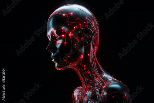 AI robot woman with beautiful red base color. generative Ai technology