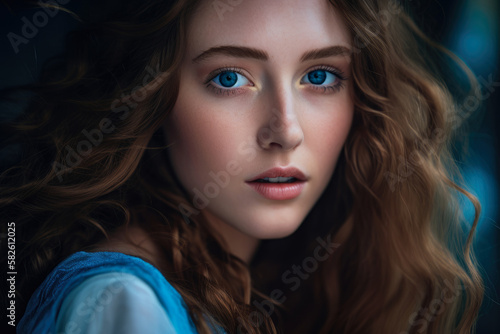 Radiant and Ethereal Woman with Flowing Hair and Bright Blue Eyes, generative ai