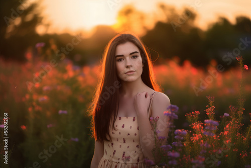 Radiant beauty in a blooming field with wildflowers, as the sun sets behind her, generative ai