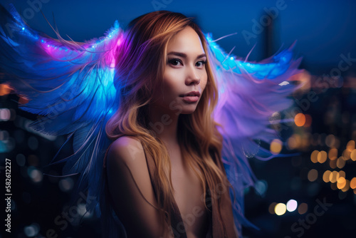 Radiant neon angel with a peaceful expression and soft, flowing hair, set against a dreamy and surreal cityscape, generative ai