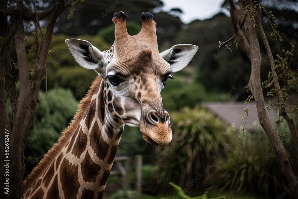 Fototapeta premium Amazing zoo. New Zealand's Auckland. A giraffe. The zoo is crucial for the preservation of the animal kingdom. Active, environmentally conscious, and educational tourism. Generative AI